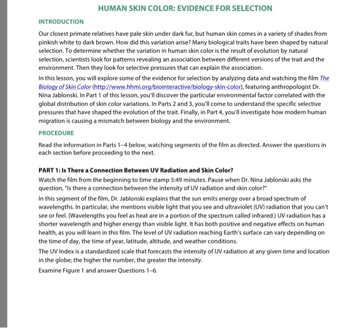 Human skin color evidence for selection answer key